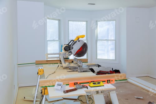 Preview: cutting wood on electric saw Interior construction of housing Construction building industry new