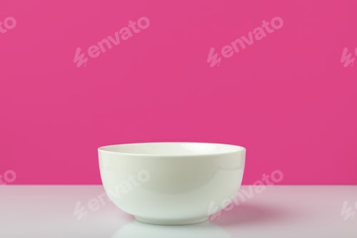 Preview: close-up view of single empty white bowl ready for breakfast on pink
