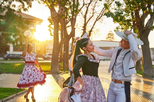 Preview: group of Latin American young adults dressed with huaso traditional clothing