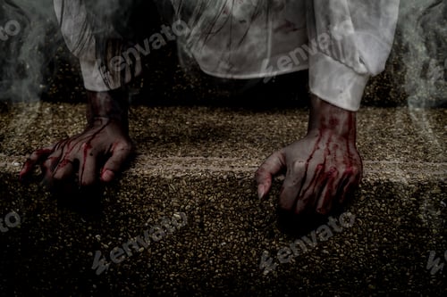 Preview: Zombie women death characters the ghost standing in old ruin house with hand blood skin is screaming