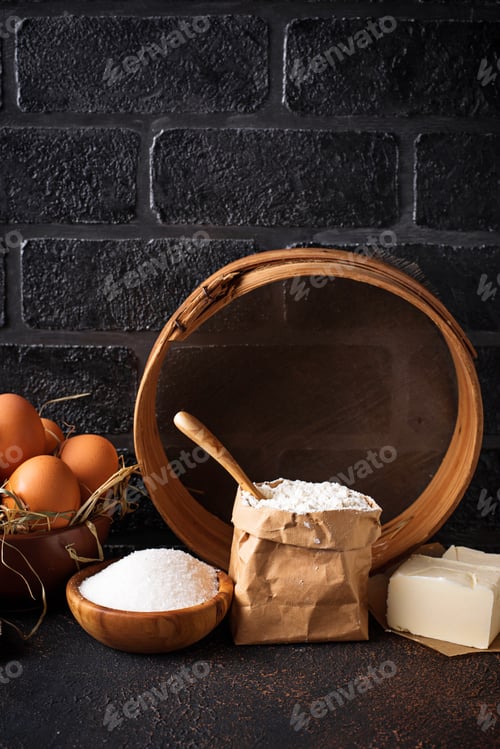 Preview: Ingredients for baking. Butter, eggs, sugar and flour