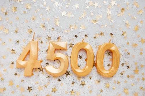 Preview: 4500 four thousand five hundred followers card. Template for social networks, blogs.