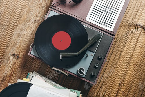 Preview: Listening to music from vinyl record. Playing music from analog disk on turntable player. Stereo set