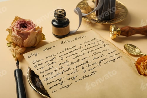 Preview: Letter with text, roses, ink bottle and pen on beige background