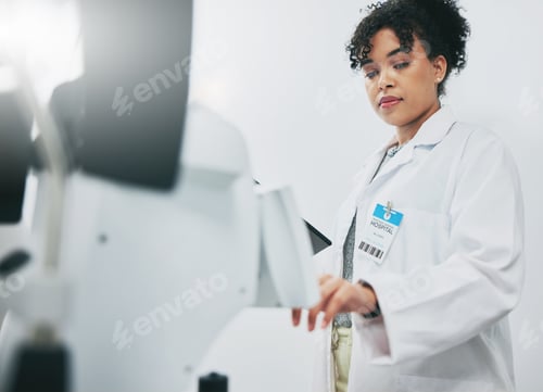 Preview: Healthcare, machine and black woman in laboratory, check experiment and wellness with focus. Medica