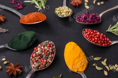 Preview: Variation of spices in metal spoons paprika, turmeric, cardamom, a mixture of allspice and thyme
