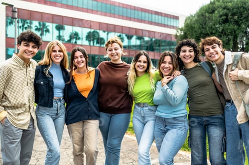 Preview: Happy group of teenagers having fun outside university - Young students people lifestyle concept