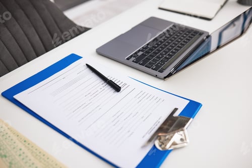 Preview: Insurance, office and checklist with laptop on table in hospital for survey, information and health
