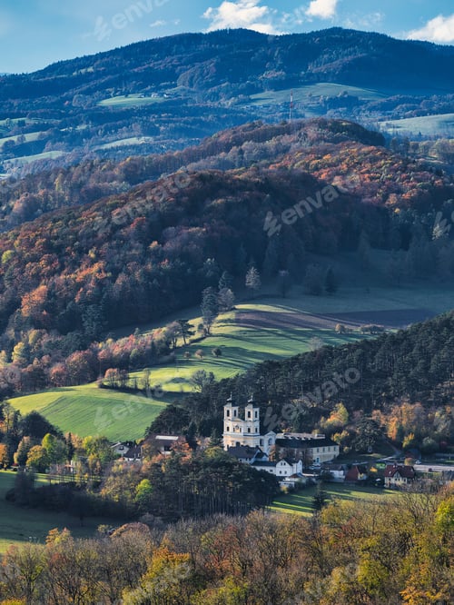 Preview: Beautiful autumn view from Peilstein mountain on the hills and nature around, Austria