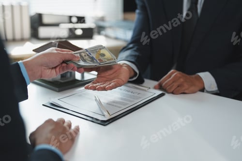 Preview: Businessman giving money to real estate agent for house purchase