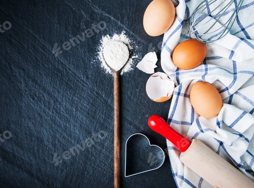 Preview: Baking background with eggs and flour