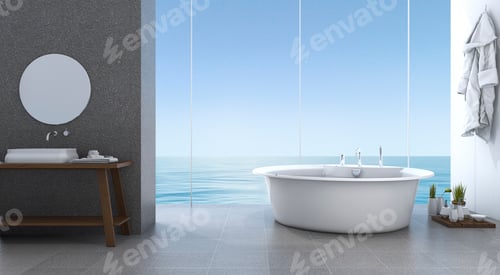 Preview: 3d rendering bright minimal bathroom near beach