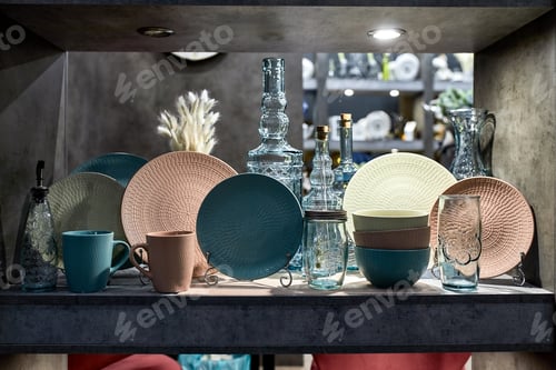 Preview: a showcase with the laying of porcelain dishes. Beautiful merchandising, dishes for restaurants and