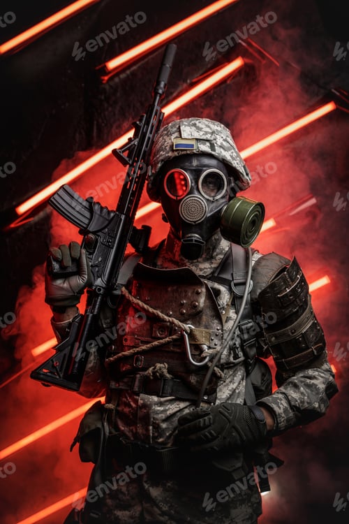 Preview: Army man in apocalyptic style against red background with neon