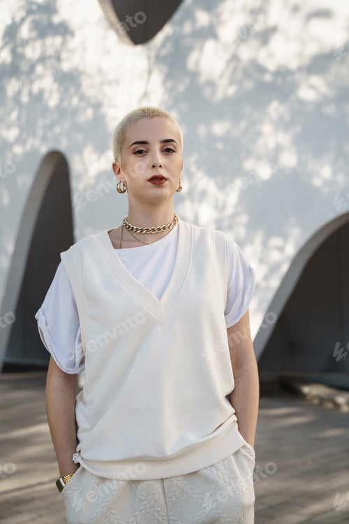 Preview: oung serious woman with blond shaved hair looking at camera. Empowered feminist girl