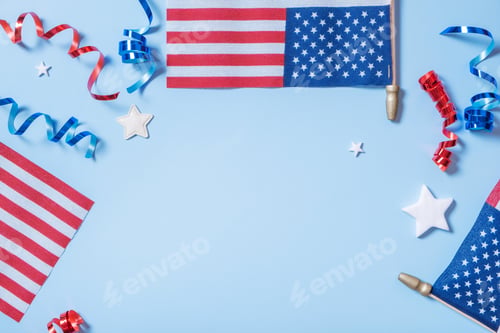 Preview: USA flags blue background with copy space