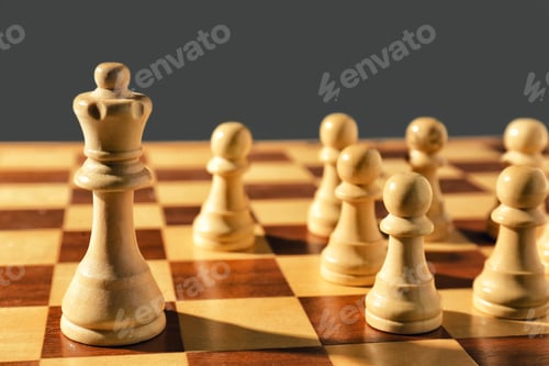 Preview: Queen and pawns on wooden chess board, closeup. Social roles concept