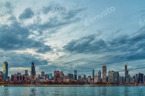 Preview: Scene of Chicago Cityscape river side along Lake Michigan at beautiful twilight time, Illinois
