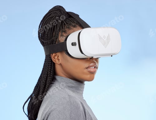 Preview: Vr, gaming and digital with black woman and metaverse for future, cyber and 3d system. Media, ui an