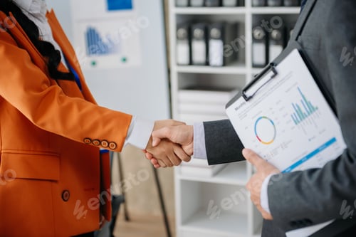 Preview: Two confident business man shaking hands during a meeting in the office, success, dealing, greeting