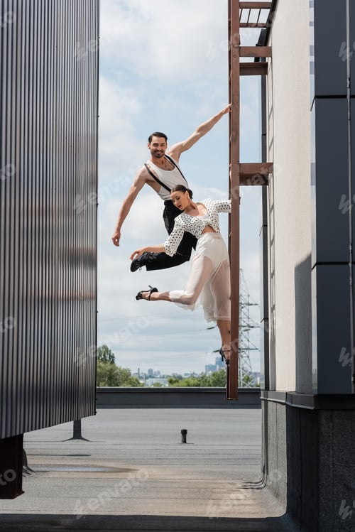 Preview: Smiling dancer looking at camera while posing near partner in skirt and heels on ladder on roof