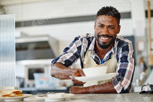 Cheerful Man Serving a Bowl of Food