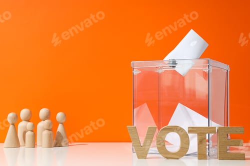 Preview: Voting box with papers, wooden figures and letters on orange background, space for text
