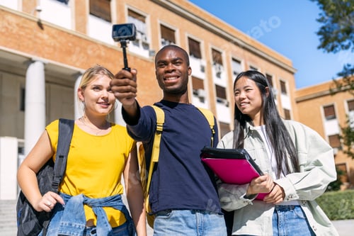 Preview: Multiethnic university students filming with action camera