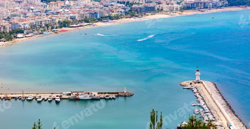 Preview: Panoramic view of old lighthouse in Alanya port. Landscape view of Mediterranean coast, Alanya
