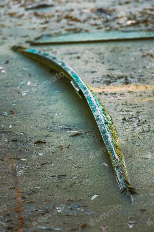 Preview: Old Wooden Abandoned Rowing Boat Flooded. Forgotten Things Concept. Hopelessness, Loss Of Normalcy