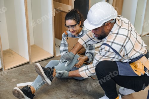 Preview: women worker fall accident in workshop. factory staff employee suffers leg injury at work