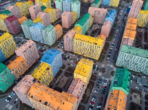 Preview: Aerial top view of a drone in the colorful modern city. Comfort town Kyiv Ukraine