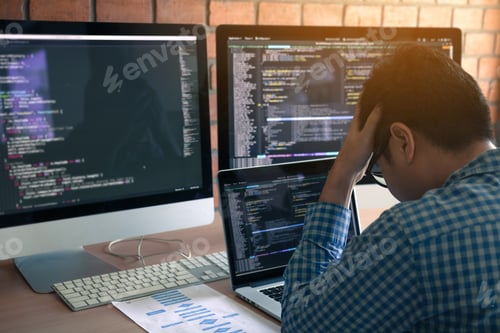Software developers headache with code analysis in the office.