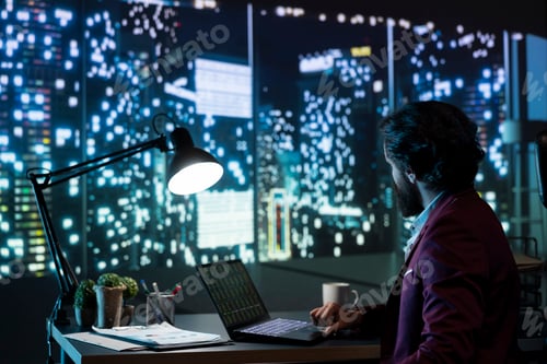 Preview: Private equity manager analyzing financial reports at night