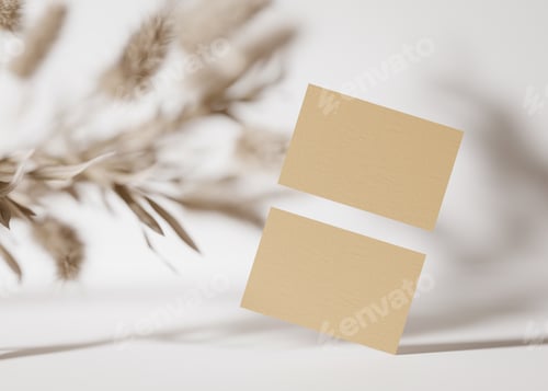 Preview: Blank brown cardboard business cards on white background with dried plants. Mock up for branding