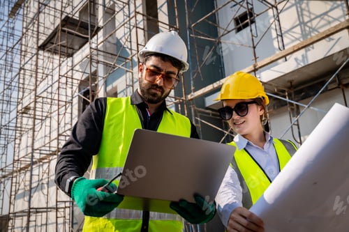 Preview: Engineer inspect building structure technicians looking at analyzing unfinished construction project