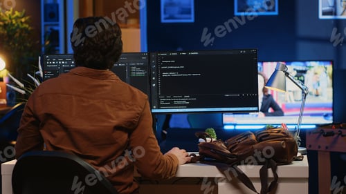 Preview: IT engineer starting job shift in apartment, writing lines of code on computer