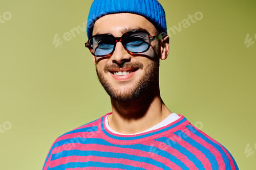 Preview: Stylish young man showcases vibrant fashion sense in studio against green backdrop