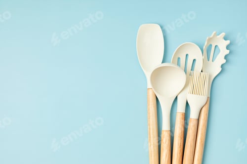Preview: Pastel color kitchen utensils top view.
