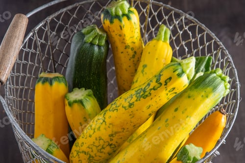 Preview: Yellow-green leopard-spotted zucchini. Vegetables on the table. Zucchini harvest.