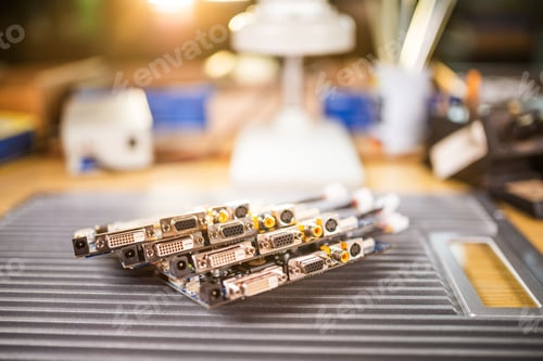 Preview: Close-up electric green embedded microcircuits in production