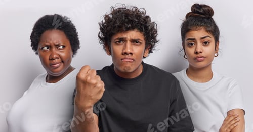 Preview: Collage image of irritated Hindu man clenches fist expresses negative emotions dressed in black t