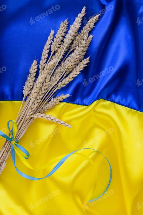 Preview: Fabric wave flag of Ukraine with wheat spikes