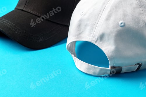 Preview: Baseball caps on blue background studio shot