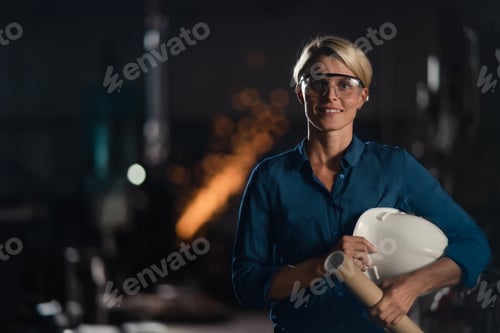 Preview: Portrait of happy young industrial woman engineer looking at camera indoors in metal workshop.