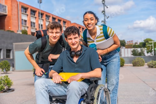 Preview: Diverse student group on university campus smiling feeling happy