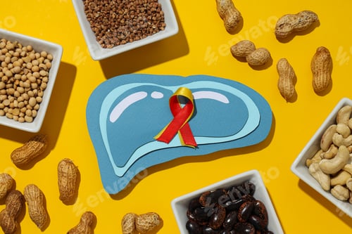Preview: Paper mockup of liver, nuts and beans on yellow background, top view