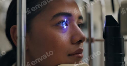 Preview: Closeup, woman or slit lamp in ophthalmology, eye exam or medical service in private clinic. Eyebal