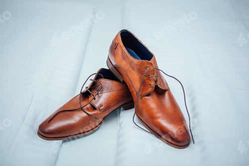Preview: Close-up shot of classic leather male shoes on a fabric