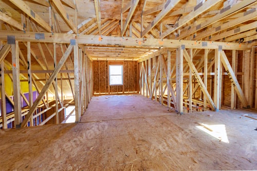 Preview: House attic under construction interior inside a frame walls and ceiling material in wooden frame